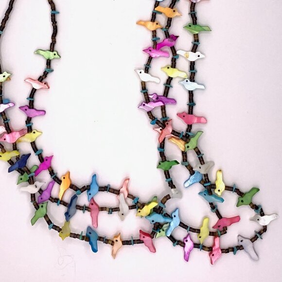 Southwest Zuni Bird Fetish Heishi Colorful Shell Birds Three Strand Necklace 734 - Picture 7 of 8